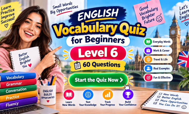 English Vocabulary Quiz for Beginners – Level 6 | 60 Questions
